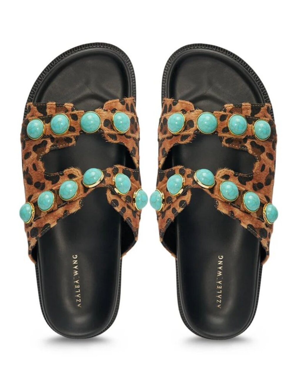 AZALEA WANG Uzumati Leopard Slip On Sandals Flat Size 7 7.5 Turquoise Stones NEW